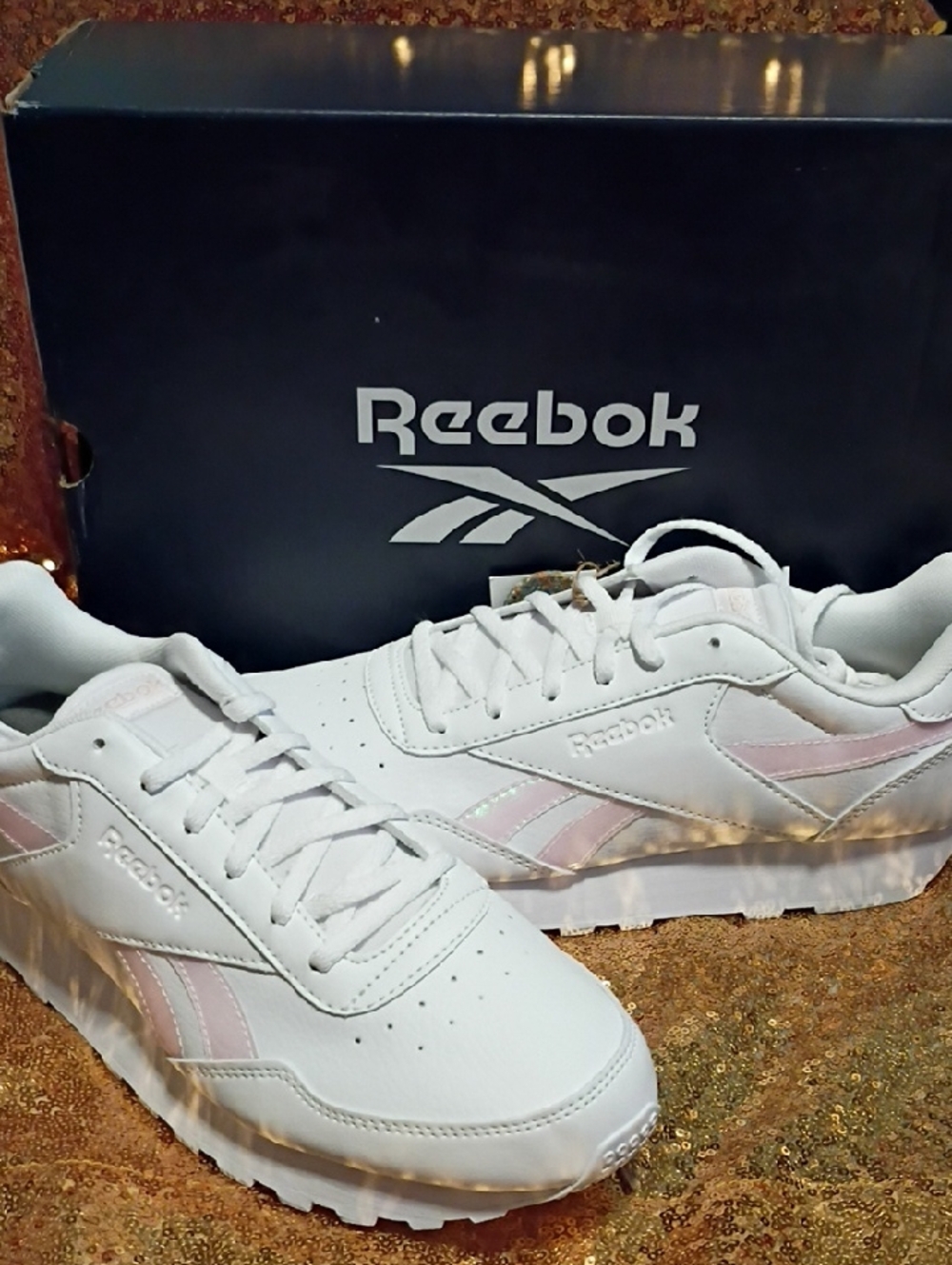 Reebok White Leather Sneakers with Pale Pink Stripes